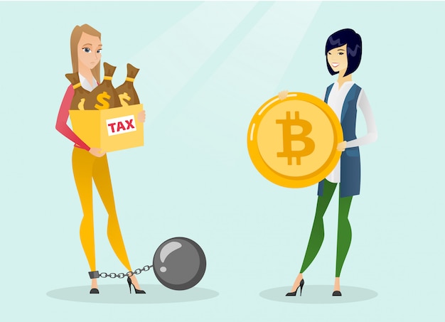 Młoda Kobieta Wybierająca Płatność Wolną Od Podatku Przez Bitcoiny. Premium Wektorów