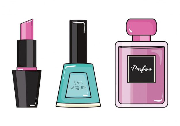 Moda dziewczyna paznokcie polski i perfumy w stylu pop-artu szminki Premium Wektorów