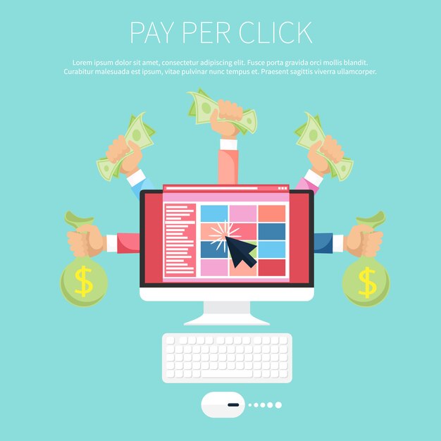 Model reklamy internetowej pay per click po kliknięciu reklamy. monitoruj z pieniędzmi w rękach Premium Wektorów