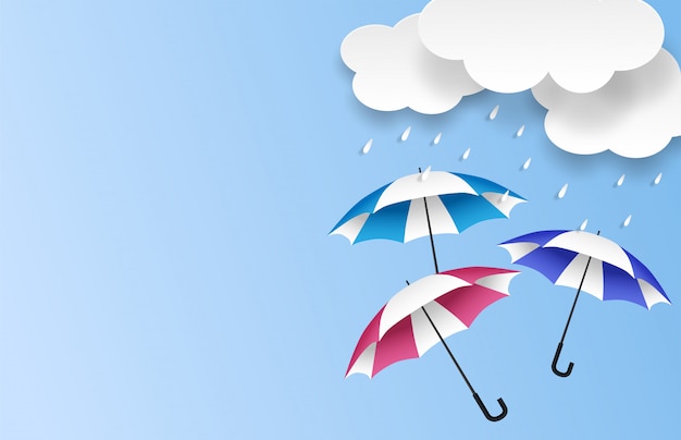 Monsoon, deszczowa pora sprzedaży tło. chmura deszcz i parasol na niebieskim niebie. Premium Wektorów
