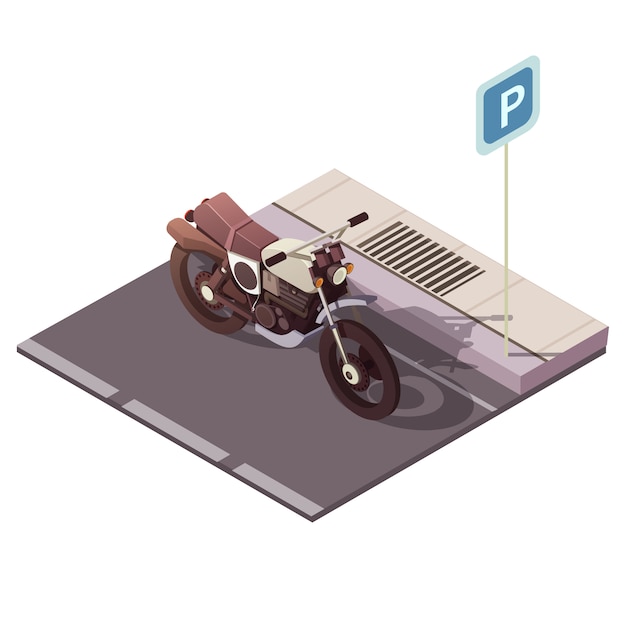 Motocykl parkować isometric pojęcie z miasto ruchu drogowego symboli / lów wektoru ilustracją Darmowych Wektorów