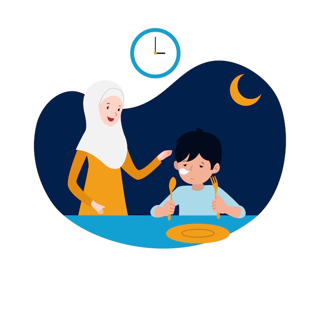 Muzułmańska matka wspiera jej śpiącego dzieciaka na posiłek sahur lub przed świtem przed rozpoczęciem ilustracji wektorowych na czczo. projekt koncepcji rodziny ramadan. Premium Wektorów