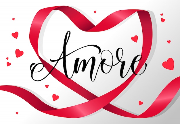 Napis amore w ramce wstążka czerwone serce w kształcie Darmowych Wektorów
