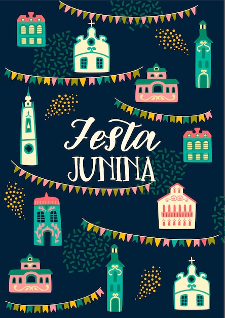 Napis i elementy dekoracyjne festa junina Premium Wektorów