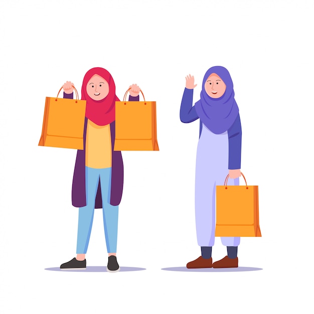 Nastolatek dziewczyna jest ubranym hijab zakupy kreskówkę Premium Wektorów