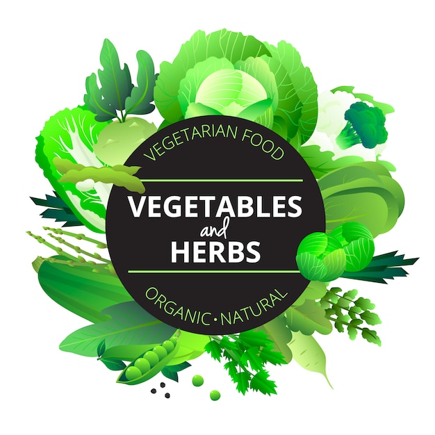 Naturalne organiczne warzywa i zioła zaokrąglone z kapustą selera cukinii i zielony groszek streszczenie ilustracji wektorowych Darmowych Wektorów