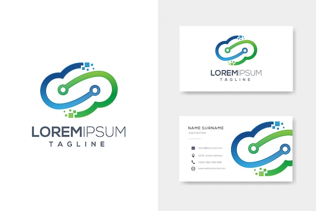 Niebiesko-zielone Logo Technologii Chmury Z Projektem Wizytówki Premium Wektorów