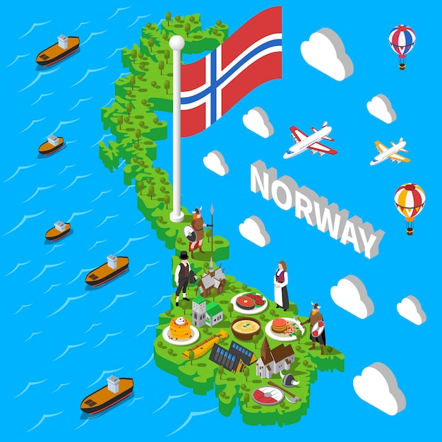 norwegia mapa turystyczna Norwegia Mapa Turystyczny Symbole Izometryczny Plakat | Darmowy Wektor