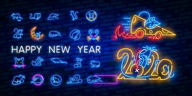Nowy Rok Neonowy Znak. Kawałek Sera Z Dwoma Tysiącami Dwudziestu Liczb I Szczur Na Tle Cegły. Wektorowa Ilustracja W Neonowym Stylu Dla Bożenarodzeniowych Sztandarów Premium Wektorów