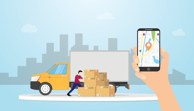 Online ładunek doręczeniowy system śledzenia z ciężarówki i gps pozycjonuje lokacje z ręka chwyta smartphone - wektor Premium Wektorów