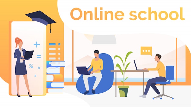 Osoby uczące się w szkole online i czapce dyplomowej Darmowych Wektorów