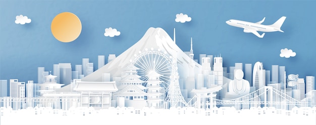 Panorama miasta z panoramą tokio, japonii i miasta ze słynnymi zabytkami Premium Wektorów