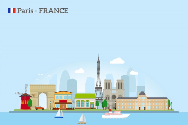 Paris skyline w stylu płaskiej Premium Wektorów