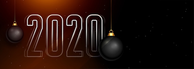 Piękny 2020 ciemny szczęśliwy nowy rok banner z bombkami Darmowych Wektorów