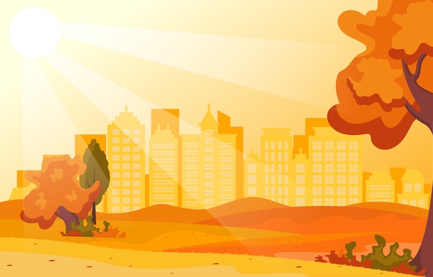 Piękny miasto park w jesieni jesieni z budynek linii horyzontu ilustracją Premium Wektorów