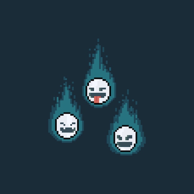 Pixel Art Cartoon Ghost Mask Ze świecącym Niebieskim Płomieniem Premium Wektorów