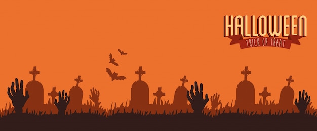 Plakat halloween z rękami zombie na cmentarzu Darmowych Wektorów