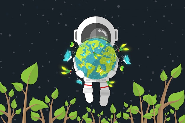 Płaski projekt, astronauta trzyma ziemię z motylem podczas gdy unoszący się wśród rośliny w przestrzeni, ochrony środowiska pojęcie, wektorowa ilustracja, infographic element Premium Wektorów