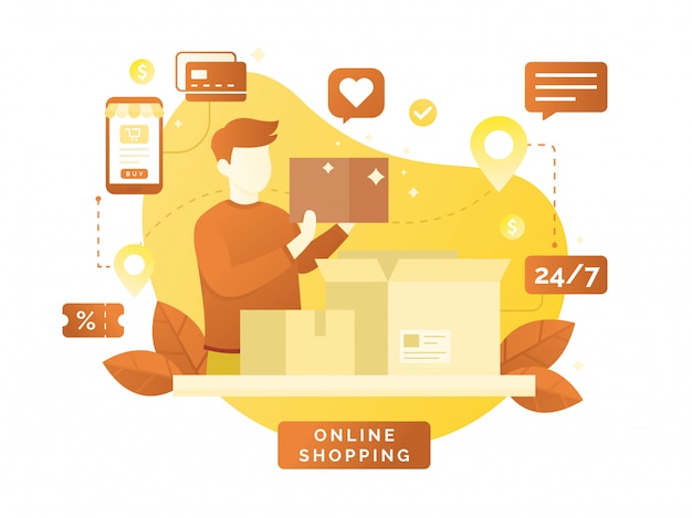 Płaski wektor z e-commerce i zakupów online Premium Wektorów