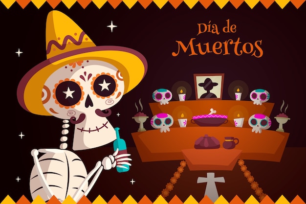 Plaskie Dia De Muertos Na Tle Oltarza Darmowy Wektor