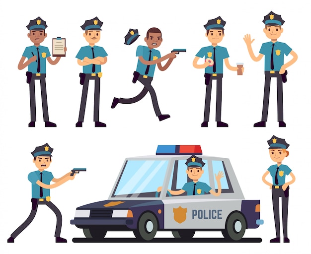 Postaci Policjantka Kreskówka I Policjant W Policji Jednolity Wektor Zestaw Premium Wektorów