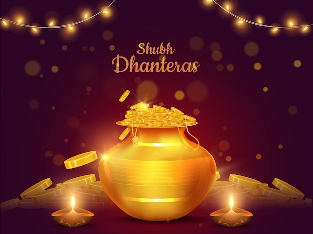Projekt karty festiwalu shubh (happy) dhanteras z ilustracją garnka ze złotymi monetami i oświetloną lampą naftową (diya) Premium Wektorów