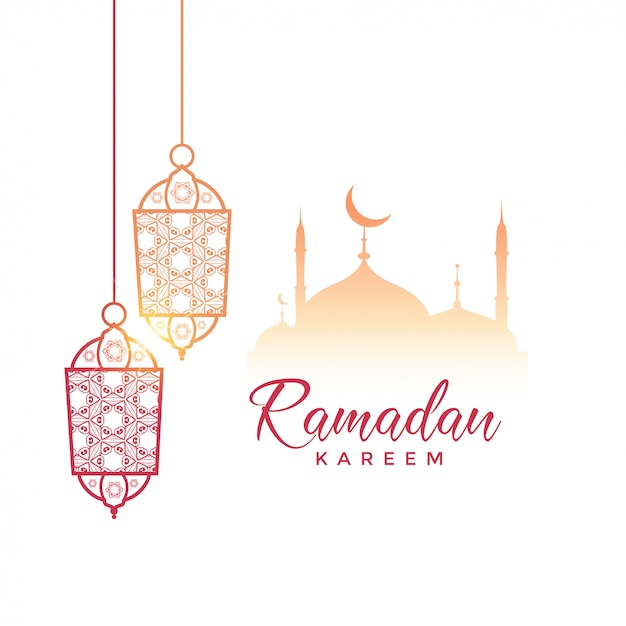 Projekt pozdrowienia ramadan kareem z lampy wiszące i meczet Darmowych Wektorów