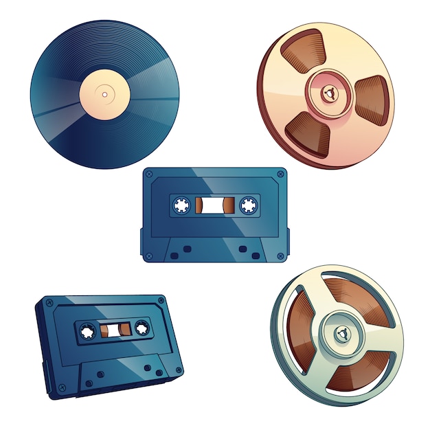 Przechowywanie Mediów Retro Dla Muzyki I Zestaw Dźwięków Na Białym Tle. Darmowych Wektorów