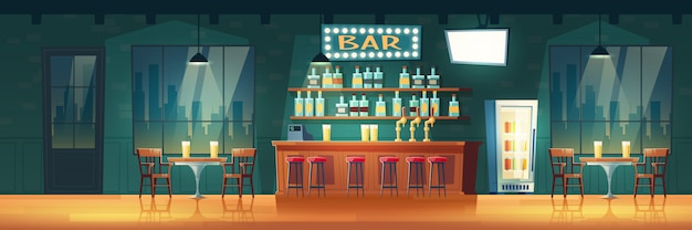 Pusty miasto bar lub pub w wieczór kreskówka retro wnętrze Darmowych Wektorów