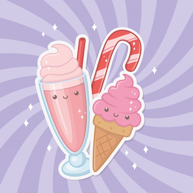 Pyszne i słodkie lody i produkty kawaii znaków Darmowych Wektorów