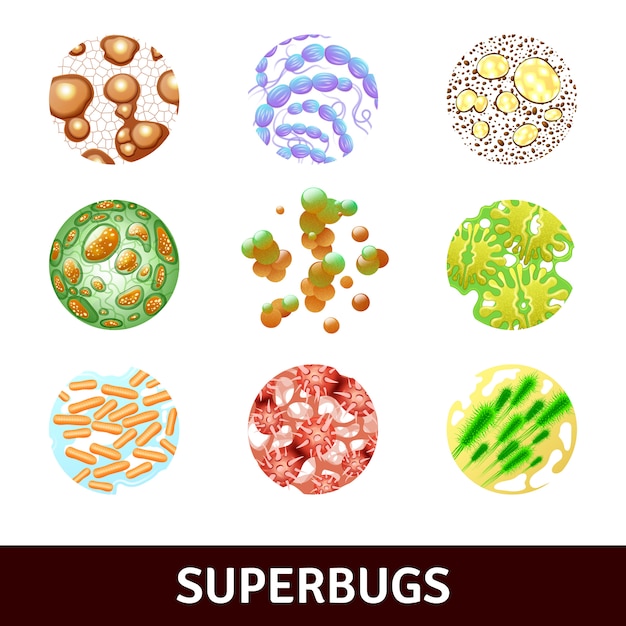Realistyczny zestaw round superbug z różnymi bakteriami i drobnoustrojami Darmowych Wektorów