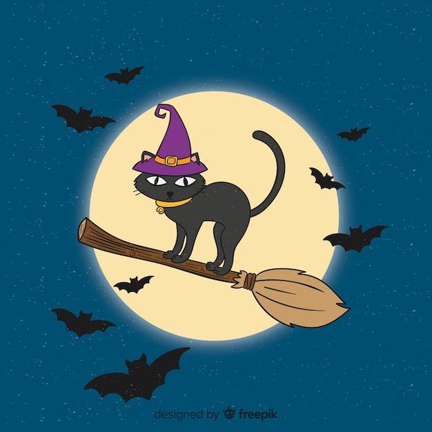 Ręcznie rysowane halloween kot na miotle Darmowych Wektorów