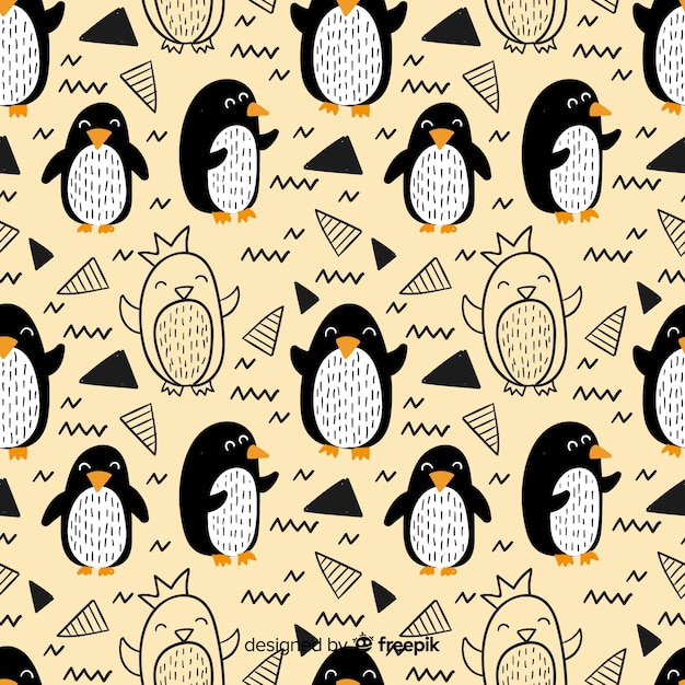 Ręcznie rysowane pingwin doodle wzór Darmowych Wektorów