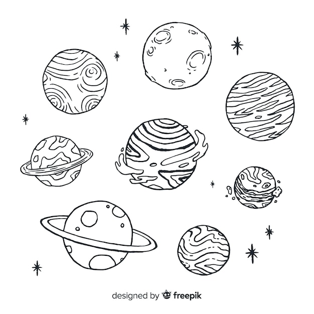 Ręcznie rysowane szkic kolekcji planet w stylu bazgroły Darmowych Wektorów