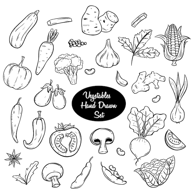 Ręcznie rysowane warzywa lub doodle zestaw w kolorze czarno-białym Premium Wektorów