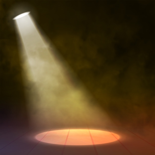 Reflektor floodlight oświetla drewnianą scenę z okręgiem Premium Wektorów
