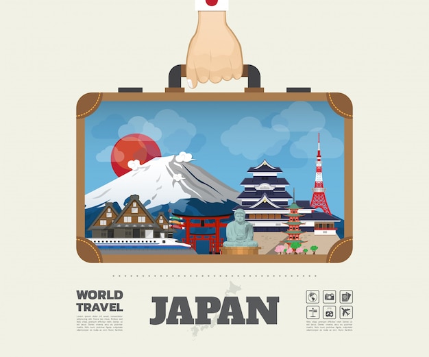 Ręka niosąca torbę podróżniczą i podróżniczą japan landmark global travel and journey. wektor płaska konstrukcja szablonu. wektor / ilustracja. może być używany do bannera, biznesu, edukacji, strony internetowej lub dowolnej grafiki Premium Wektorów