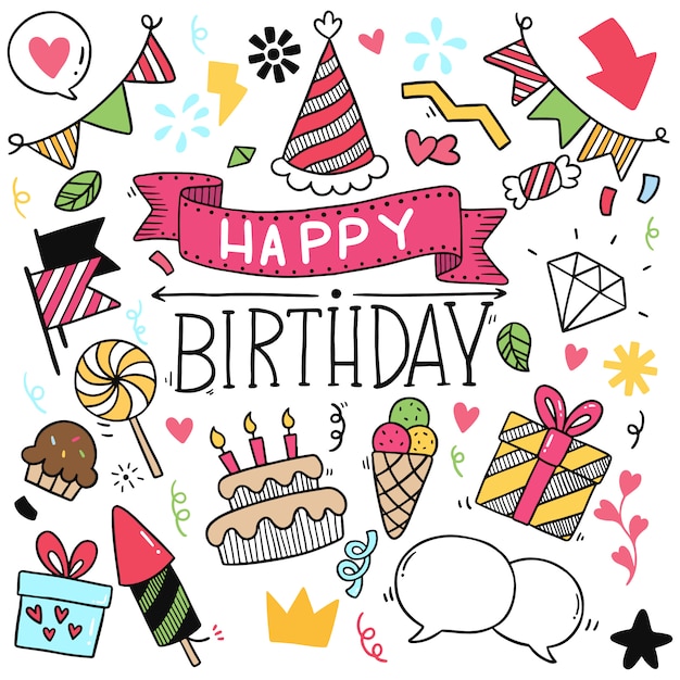 Ręka rysująca partyjna doodle wszystkiego najlepszego z okazji urodzin ornamentów deseniowa ilustracja Premium Wektorów