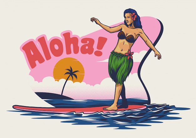 Ręka Rysunek Hawajski Dziewczyna Surfing Wektor Premium