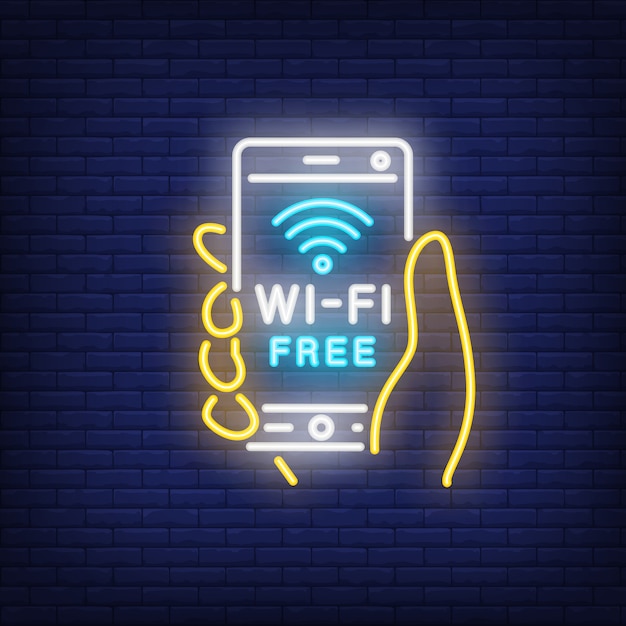 Ręka trzyma smartphone z wi-fi bezpłatny tekst neon Darmowych Wektorów