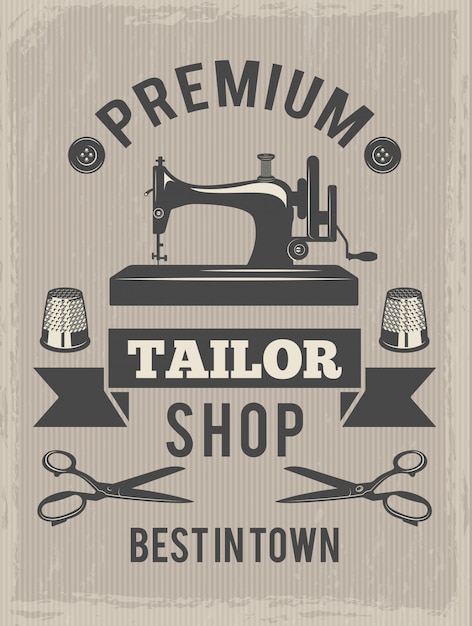 Retro plakat do sklepu krawieckiego. afisz z symbolami produkcji tekstylnej Premium Wektorów
