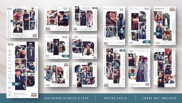 Retro vintage instagram stories and feed post bundle kit banner Premium Wektorów