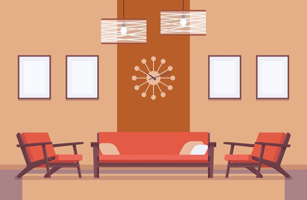 Retro wnętrze z kanapą, ramy dla copyspace Premium Wektorów