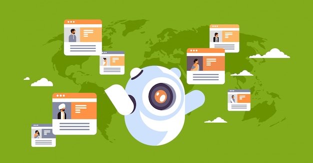 Robot chatbot online komunikator indyjski ludzie globalny komunikacja banner Premium Wektorów