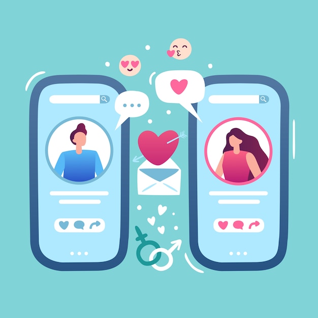 Romantyczna randka online. internetowa miłość datuje app, żeńskiego i męskiego chwyta smartphone i związek para dopasowywamy witryny ilustrację Premium Wektorów