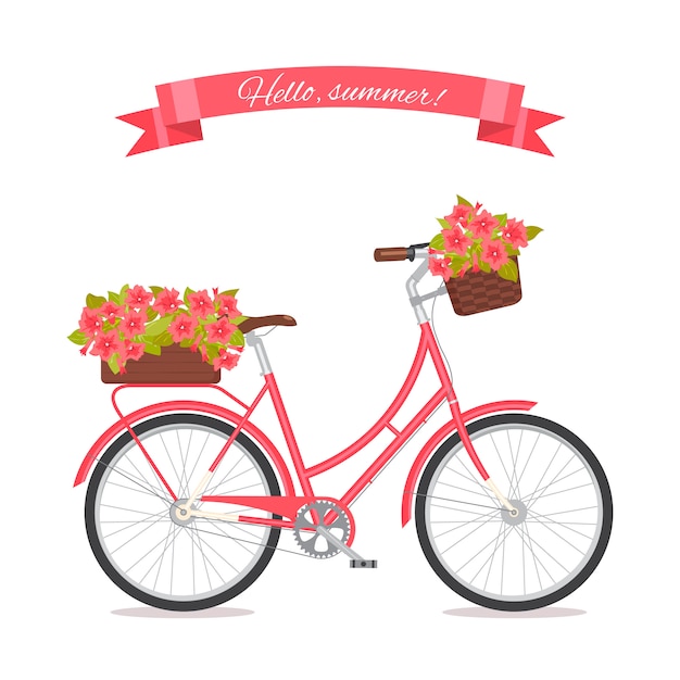 Różowy retro bicykl z bukietem w kwiecistym koszu i pudełku na bagażniku. Premium Wektorów