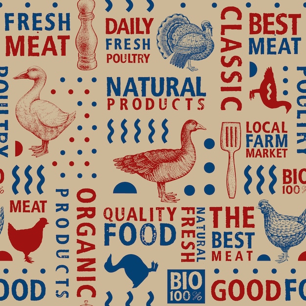 Rzeź typograficzne wektor wzór. gęś graficzna, kura, indyk, sylwetka kaczki Premium Wektorów