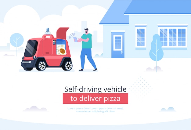 Samodzielny pojazd do dostarczania pizzy w tle Premium Wektorów
