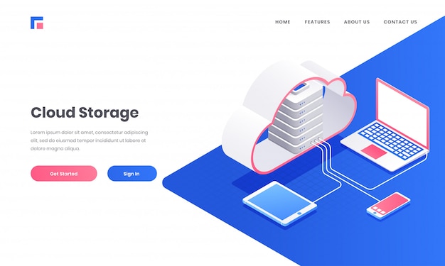 Serwer w chmurze 3d połączony z laptopem, smartfonem i tabletem do projektu strony cloud storage lub strony docelowej. Premium Wektorów