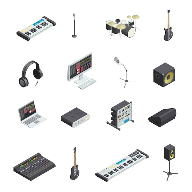 Set odosobnione muzyczne studio nagrań przekładni ikony z różnorodnymi instrumentów muzycznych modułami i mixin Darmowych Wektorów